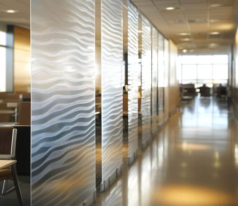 Une cantine d’entreprise est séparée d’un grand couloir par plusieurs panneaux vitrés équipés de films adhésifs avec des vagues dépolies sur fond translucide.