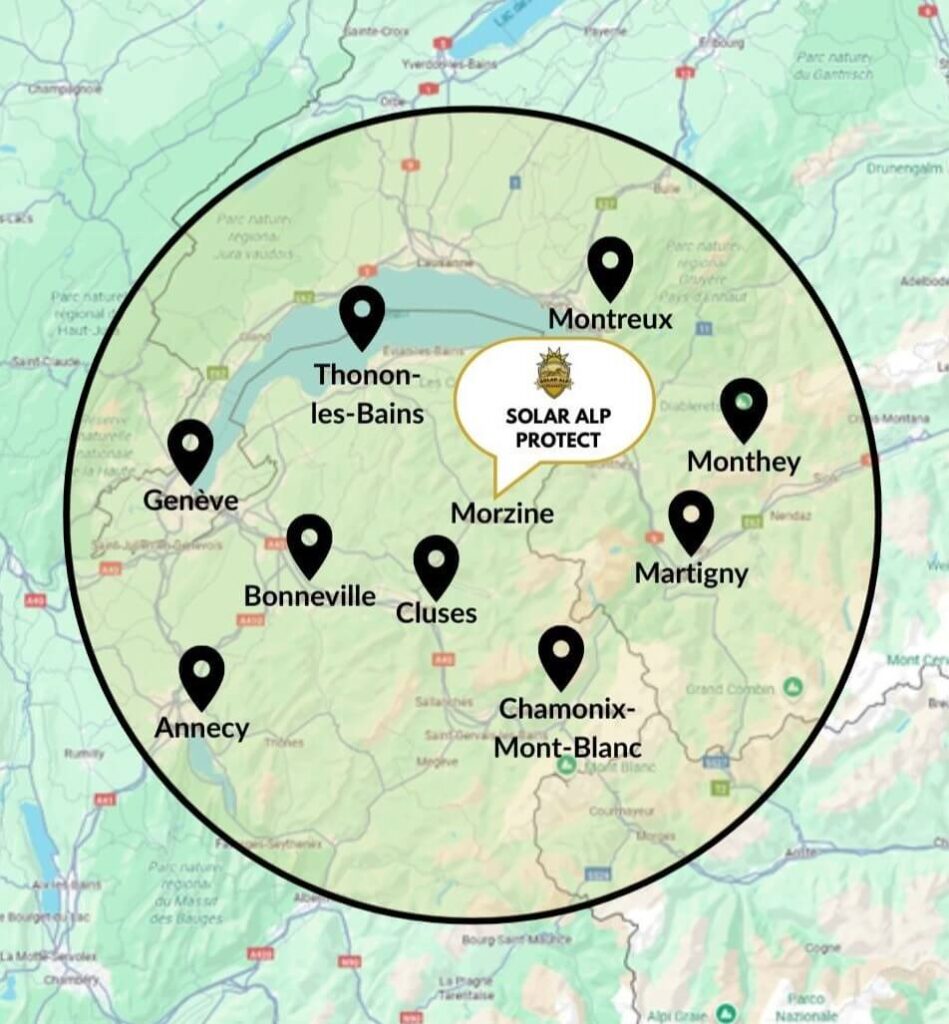 Carte Google Maps personnalisée avec un rayon de 50 kilomètres autour de Morzine et les villes desservies par Solar Alp Protect.
