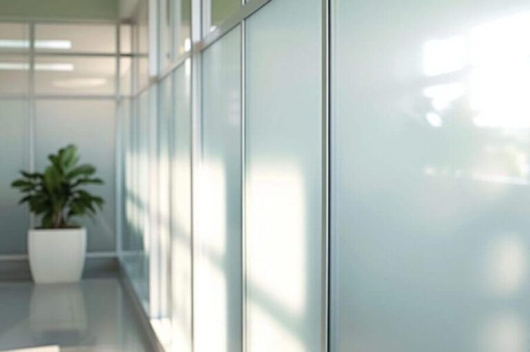 Vue sur les couloirs d’une entreprise qui sont entièrement vitrés et équipés de films mat dépolis pour assurer la confidentialité des espaces de travail.