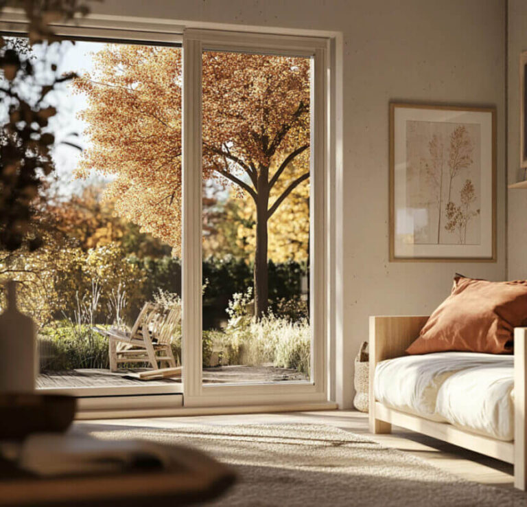 Salon chaleureux d’une maison de campagne avec vue sur une grande baie vitrée et un canapé éclairé par le soleil.