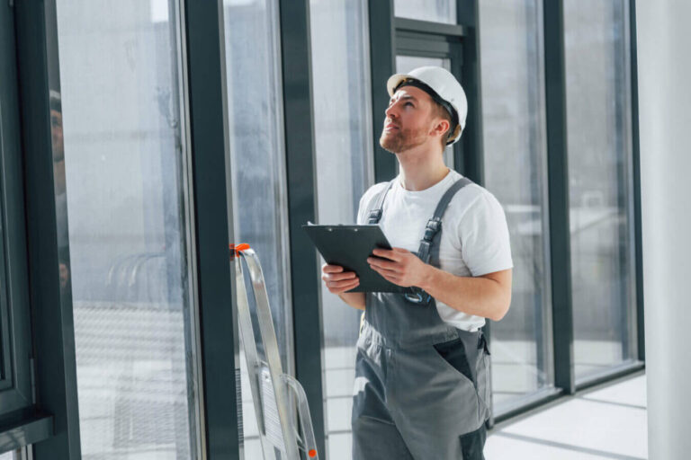 En tenue de travail, un spécialiste de la pose de films adhésifs tient un porte-bloc avec ses deux mains et note les informations clés pour établir un devis.
