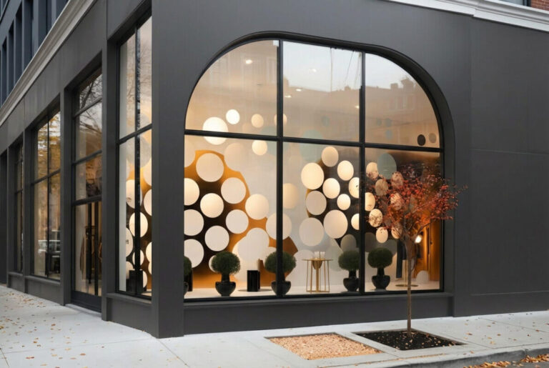 Vitrine de boutique décorée d’un film adhésif transparent avec une quarantaine de ronds opaques de tailles différentes répartis sur la partie inférieure.